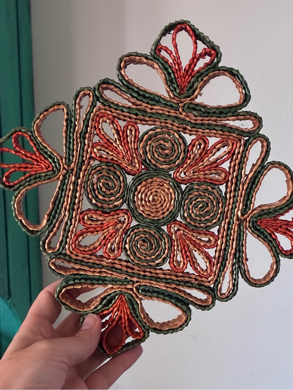 Woven Boho Trivet in Green and Coral